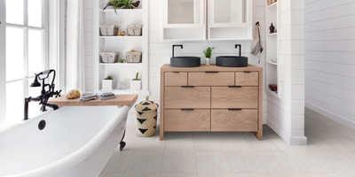 Modern farmhouse bathroom with vinyl flooring